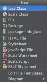 a screen capture of the new file menu in Intellij