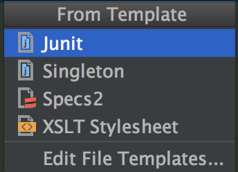 a screen capture of the `from template` menu in Intellij 